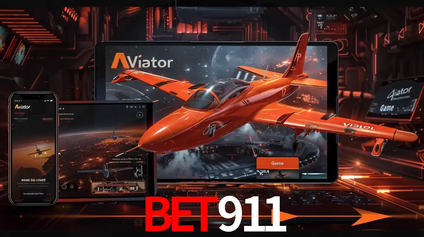 Apresentação tecnológica do jogo Aviator com um avião saindo da tela de um tablet, demonstrando a experiência imersiva em múltiplos dispositivos no BET911.