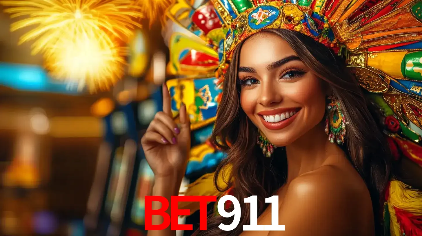 Mulher sorridente com um cocar de carnaval vibrante e colorido, celebrando uma grande vitória nos jogos do cassino BET911 com fogos de artifício ao fundo.
