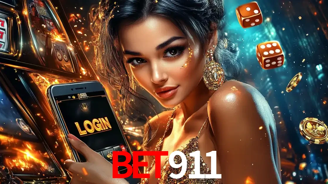 Mulher glamourosa segurando um celular com a tela de login do cassino BET911, rodeada por dados e moedas douradas, pronta para começar a diversão.