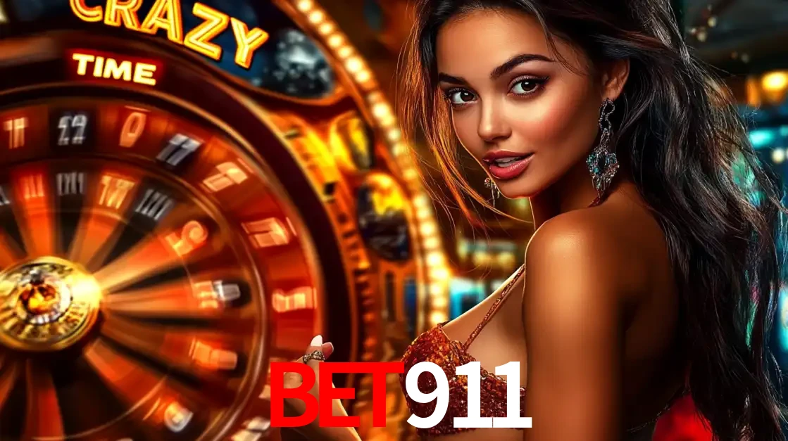 Mulher ao lado da roda de prêmios do jogo de cassino ao vivo Crazy Time, um dos shows de jogos mais emocionantes oferecidos pela plataforma de apostas BET911.