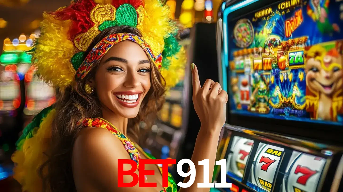 Mulher animada com um cocar de carnaval apontando para uma máquina de caça-níqueis, mostrando a emoção de ganhar um grande prêmio nos jogos do BET911.
