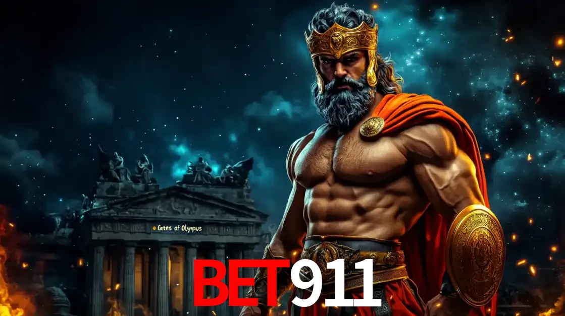 O poderoso Zeus do jogo de slot Gates of Olympus em frente ao seu templo, pronto para lançar multiplicadores divinos e prêmios épicos no cassino online BET911.