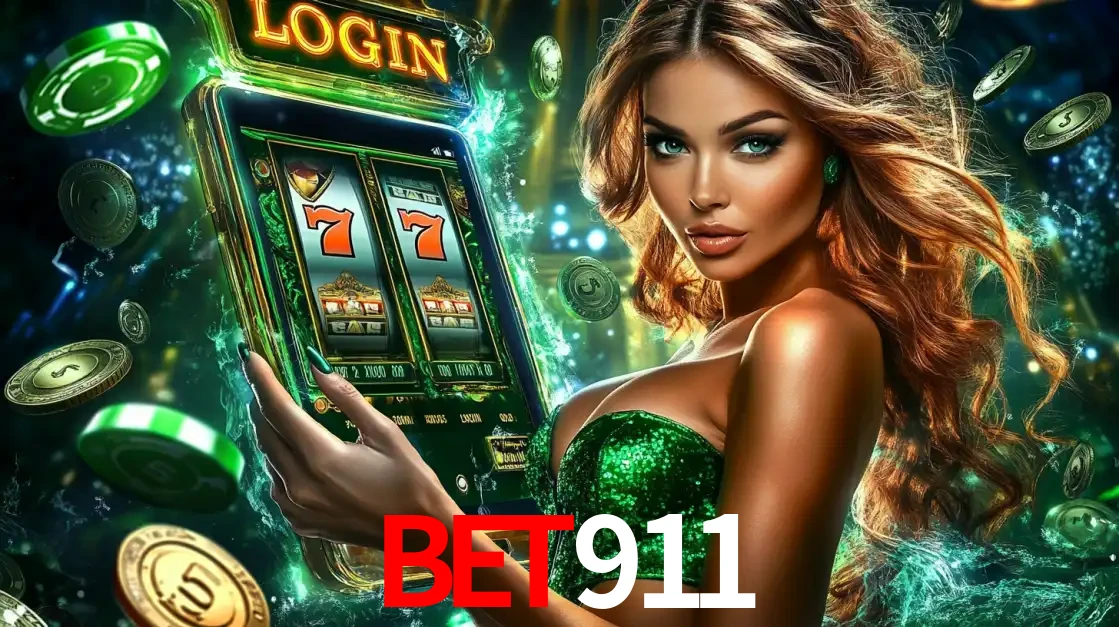 Mulher com tema verde apresentando o aplicativo do cassino BET911 com um jogo de slot de 777, cercada por fichas de cassino e uma aura de sorte.