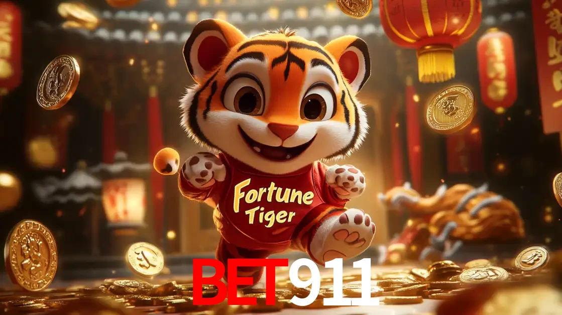 O alegre personagem do Fortune Tiger correndo sobre um caminho de moedas de ouro, simbolizando os grandes prêmios e a diversão do popular jogo de slot do BET911.