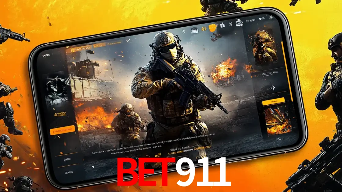 Um smartphone exibindo a interface de um jogo de tiro em primeira pessoa, com um soldado em um cenário de batalha, representando a ação dos e-sports para apostar no BET911.