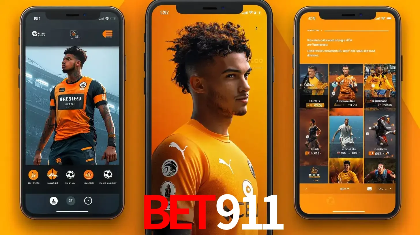 Interface do aplicativo de apostas esportivas BET911 em três telas de celular, mostrando o perfil de um jogador de futebol e a lista de jogos disponíveis para apostar.