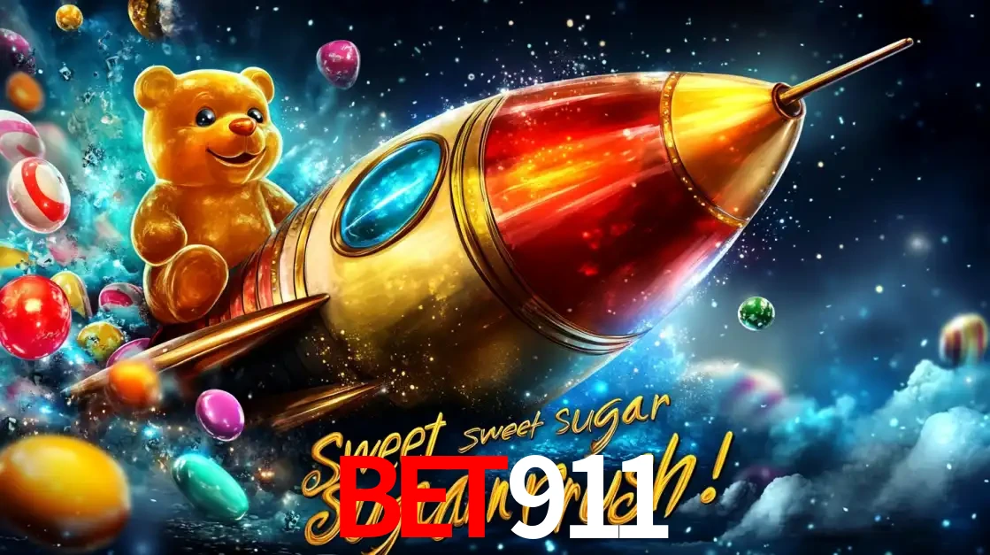 Arte promocional do jogo de slot Sugar Rush, com um urso de pelúcia em um foguete viajando pelo espaço de doces, um dos jogos divertidos disponíveis no cassino BET911.