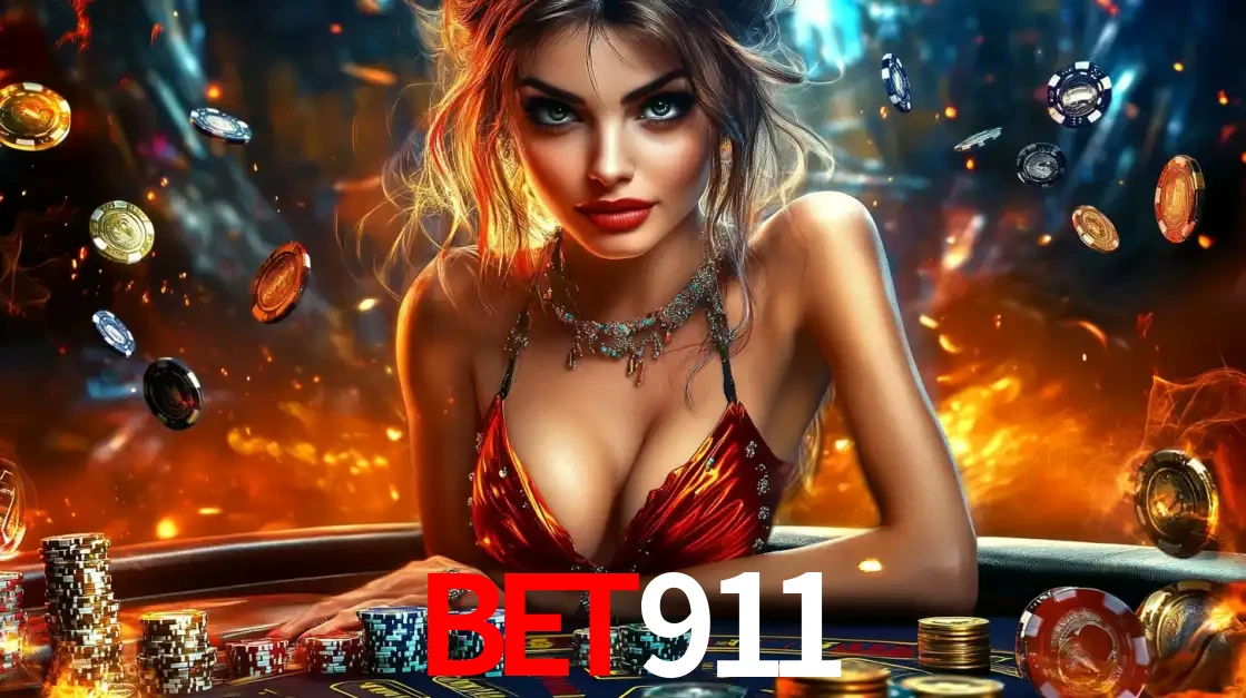 Mulher em uma mesa de cassino com pilhas de fichas e um fundo de fogo, pronta para uma rodada de altas apostas nos jogos de mesa emocionantes do cassino BET911.