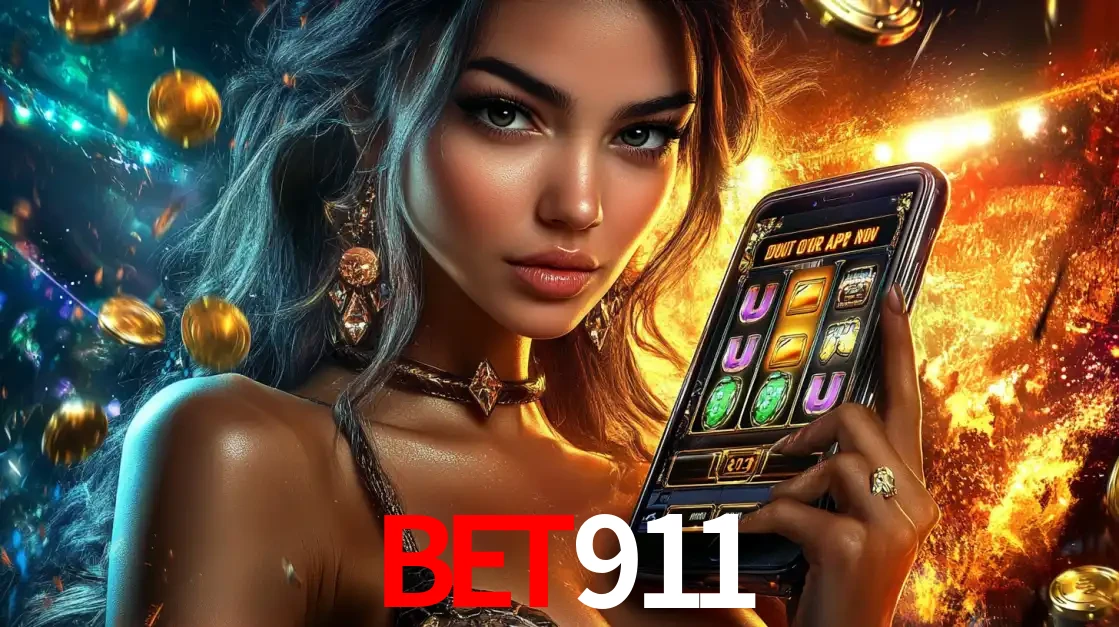 Mulher elegante mostrando um jogo de caça-níqueis em seu smartphone, destacando a experiência de cassino móvel oferecida pelo aplicativo BET911.