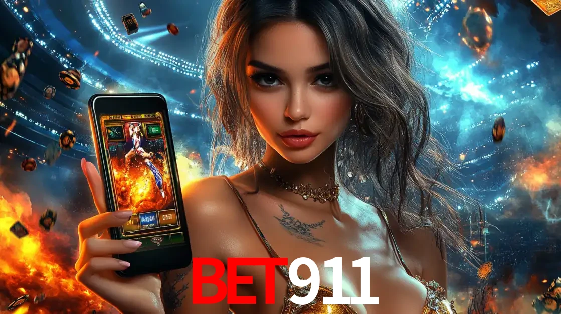 Mulher segurando um celular com um jogo de slot em destaque, tendo como fundo um estádio vibrante, simbolizando a emoção de jogar no cassino móvel BET911.