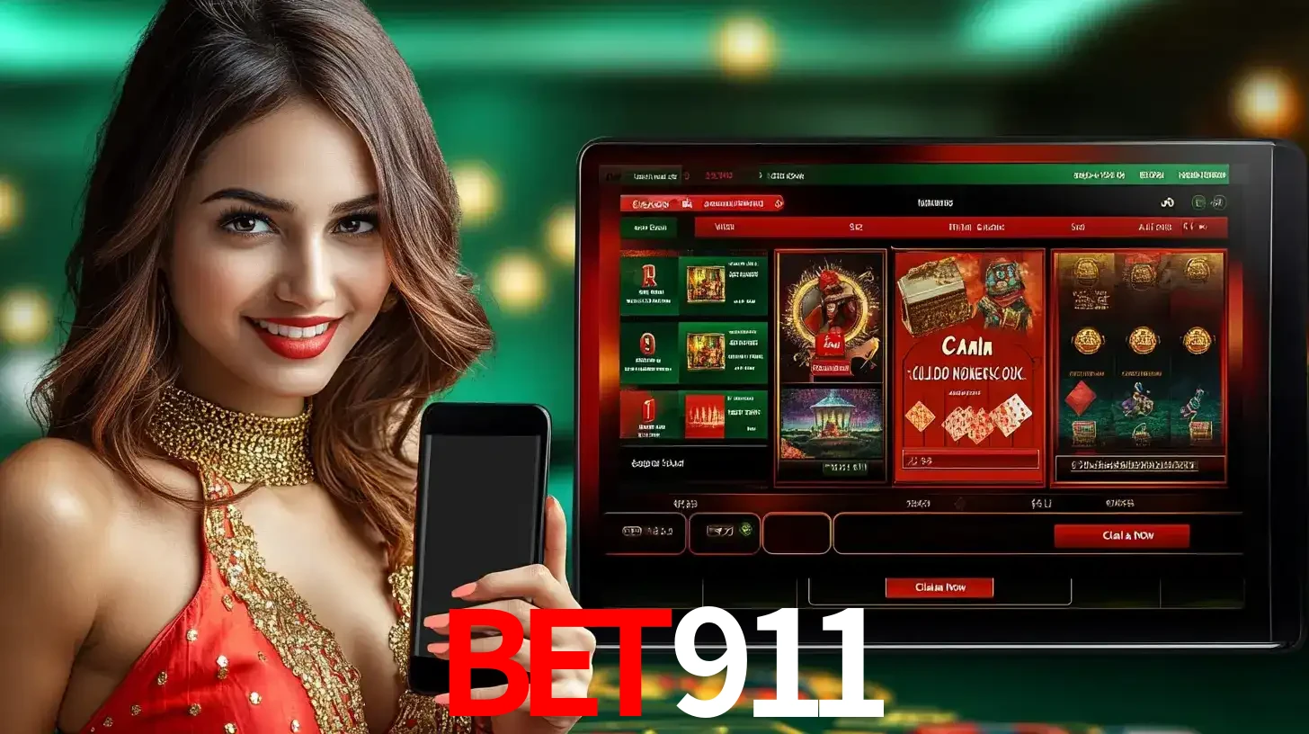 Mulher sorridente segurando um smartphone, ao lado de uma tela exibindo o lobby de jogos do cassino online BET911, com várias opções de jogos de cartas e slots.